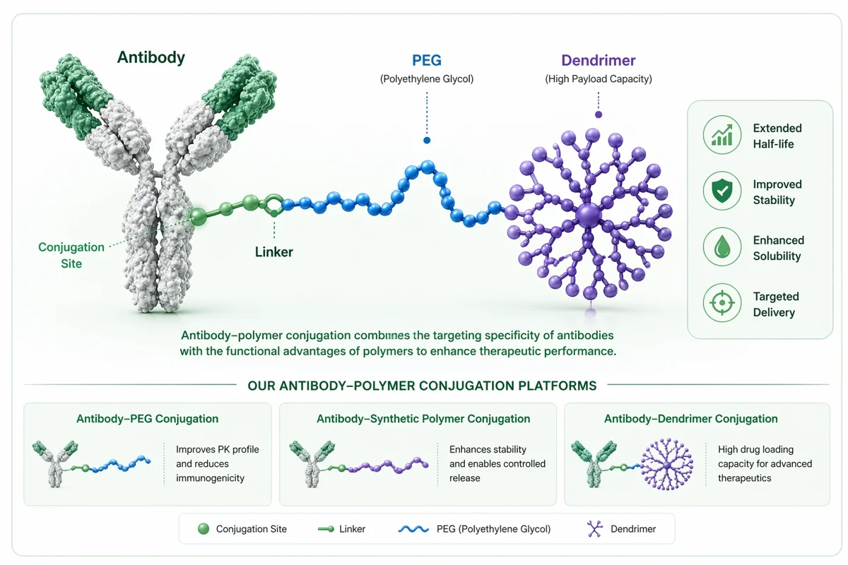 Antibody polymer conjugation showing antibody linked to PEG and dendrimer structures for improved stability, solubility, and targeted delivery