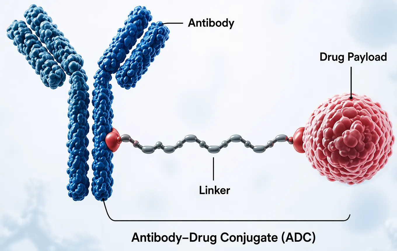 Antibody drug bioconjugation diagram showing antibody, linker, and drug payload