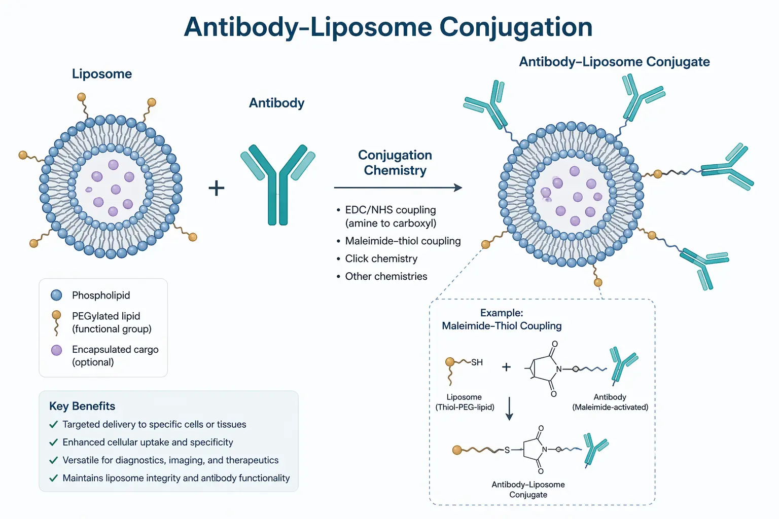 Antibody liposome conjugation overview showing liposome, antibody, and conjugated system