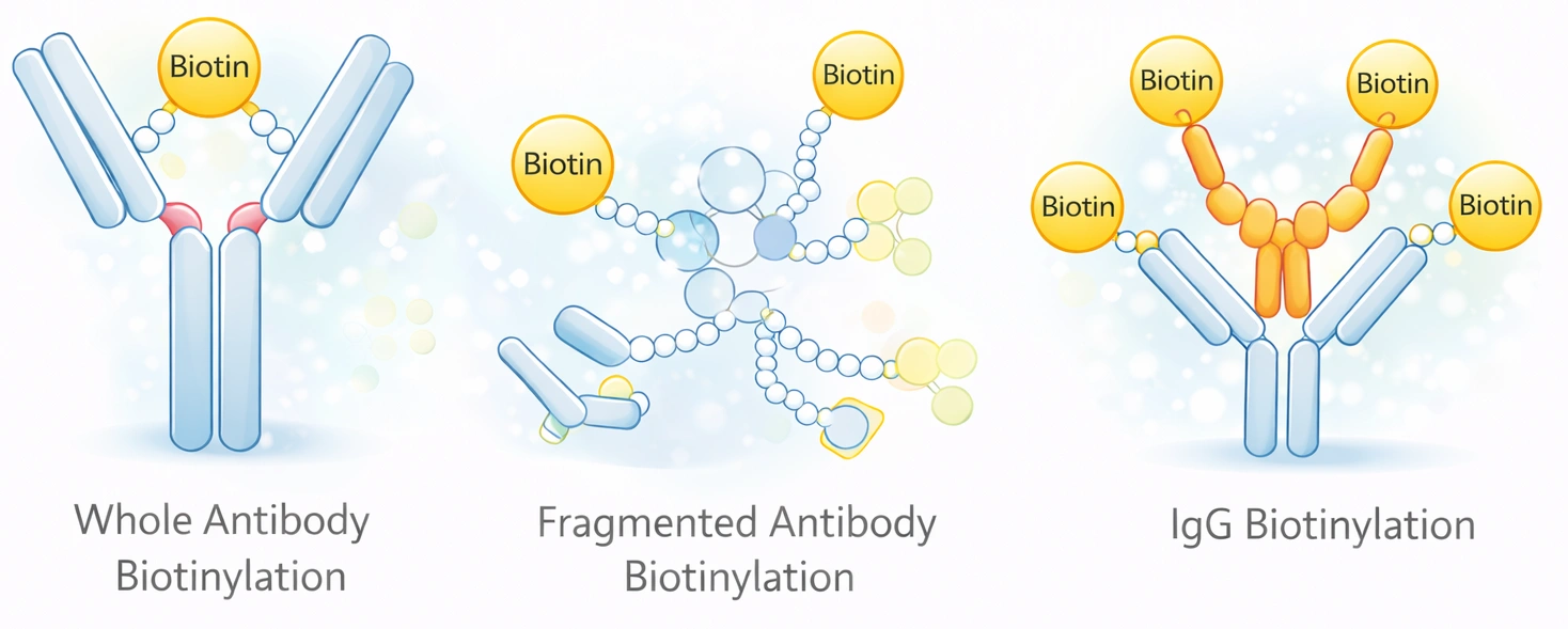 Antibody biotin conjugation overview showing biotinylated antibodies, streptavidin binding, linker options, and detection workflows