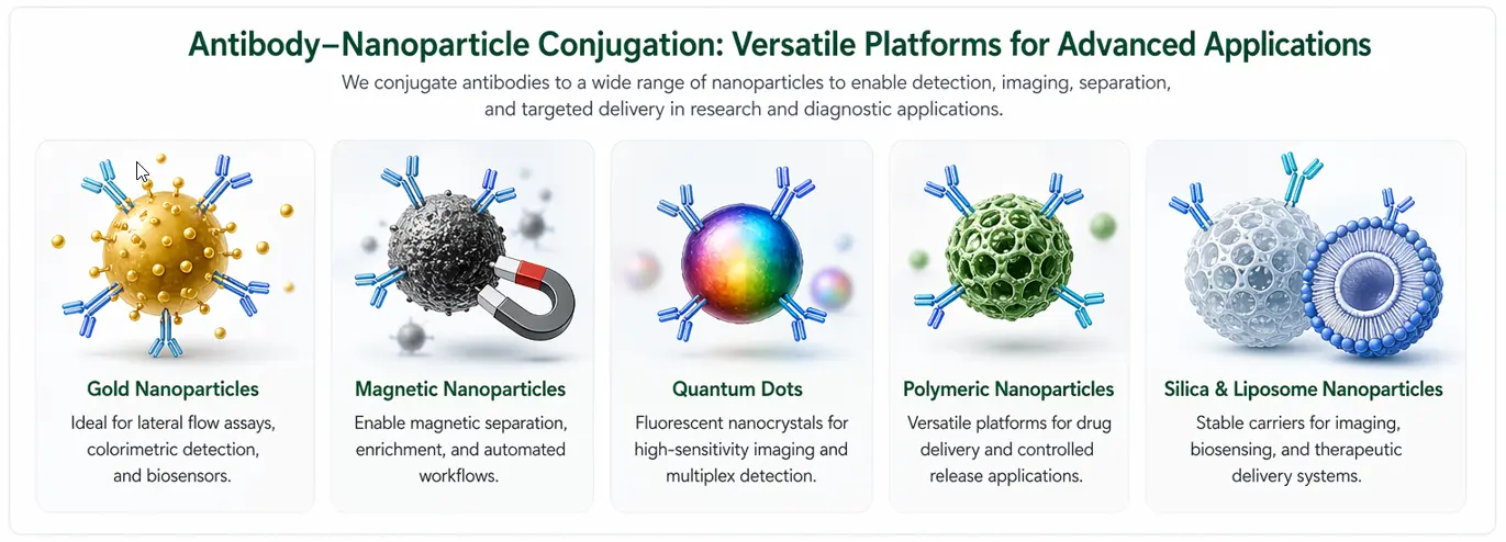 Antibody nanoparticle conjugation collage showing gold nanoparticles, magnetic particles, quantum dots, polymer nanoparticles, and antibody targeting applications