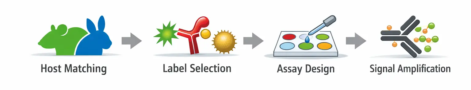 Typical project workflow for secondary detection probes including host matching, label selection, assay design, and signal amplification