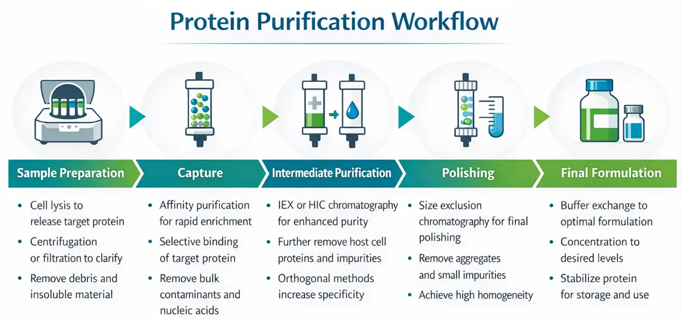 Protein purification workflow showing sample preparation, capture, intermediate purification, polishing, and final formulation