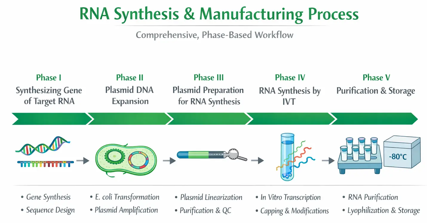 RNA Synthesis and Manufacturing Process showing five phases from gene synthesis to purification and storage