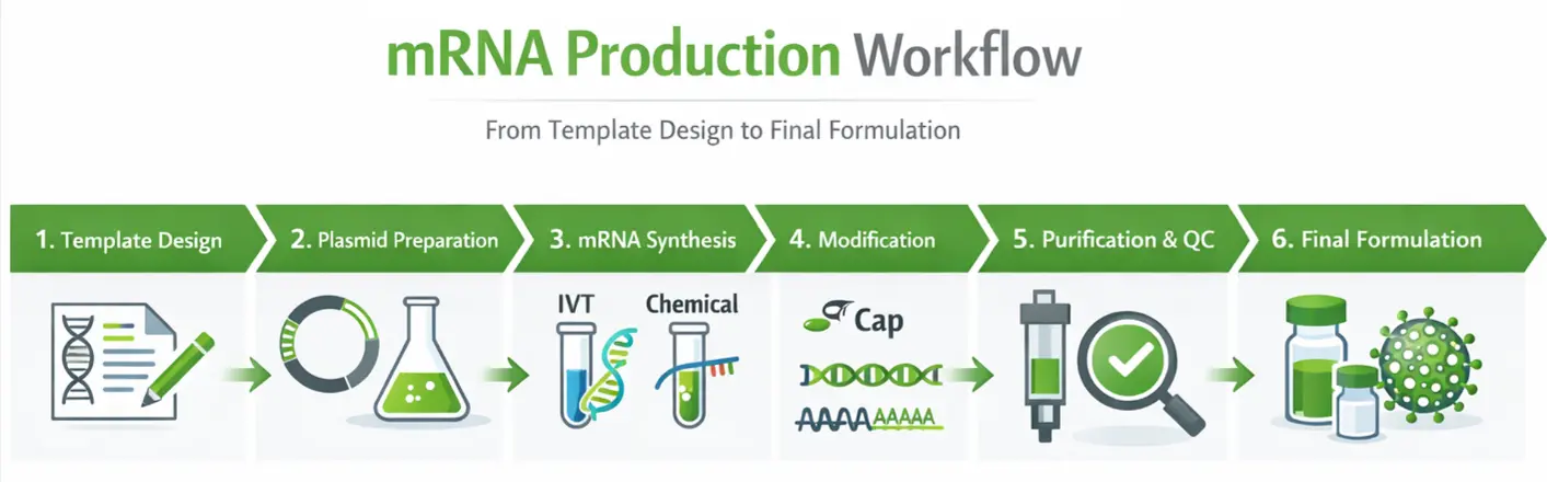 mRNA transcription workflow including IVT synthesis, capping, purification, and formulation
