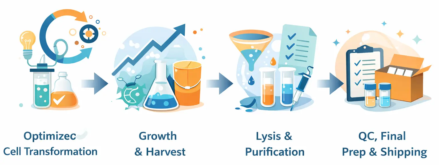 Plasmid DNA preparation workflow: transformation, growth, lysis, purification and QC