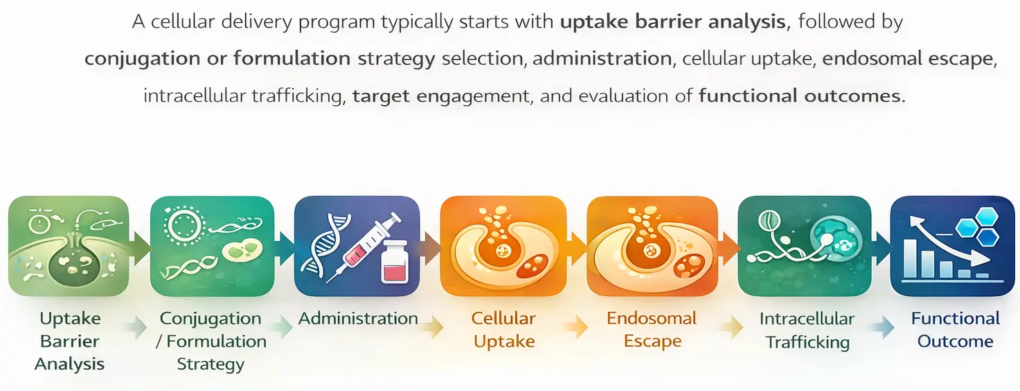 Cellular uptake and delivery workflow for oligonucleotides including peptide conjugates, lipid conjugates, and endosomal escape strategies