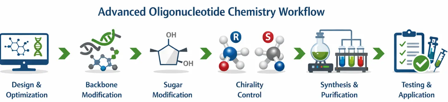 Advanced oligonucleotide synthesis workflow showing modified oligo chemistry design, backbone engineering, sugar modification, chirality control, synthesis, purification and application testing