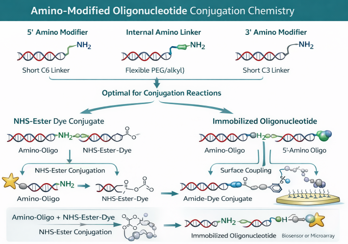 Amino-modified oligonucleotide architecture showing 5-prime, 3-prime, and internal amino modifications for dye labeling and conjugation
