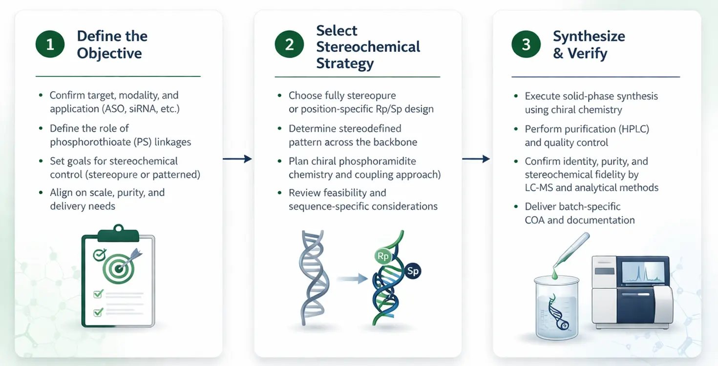 Workflow diagram for chiral oligonucleotide synthesis from design through analytical confirmation.