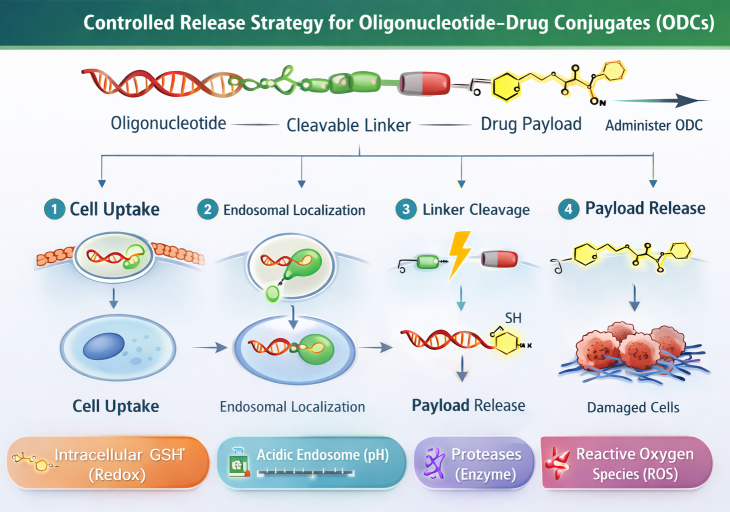 Controlled release mechanism of oligonucleotide drug conjugates (ODCs) showing cleavable linker and triggered payload release for siRNA and ASO