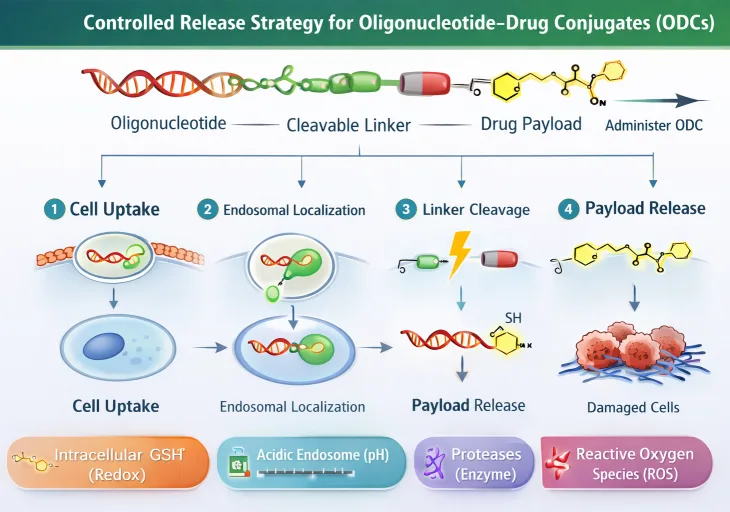 Controlled release mechanism of oligonucleotide drug conjugates (ODCs) showing cleavable linker and triggered payload release for siRNA and ASO