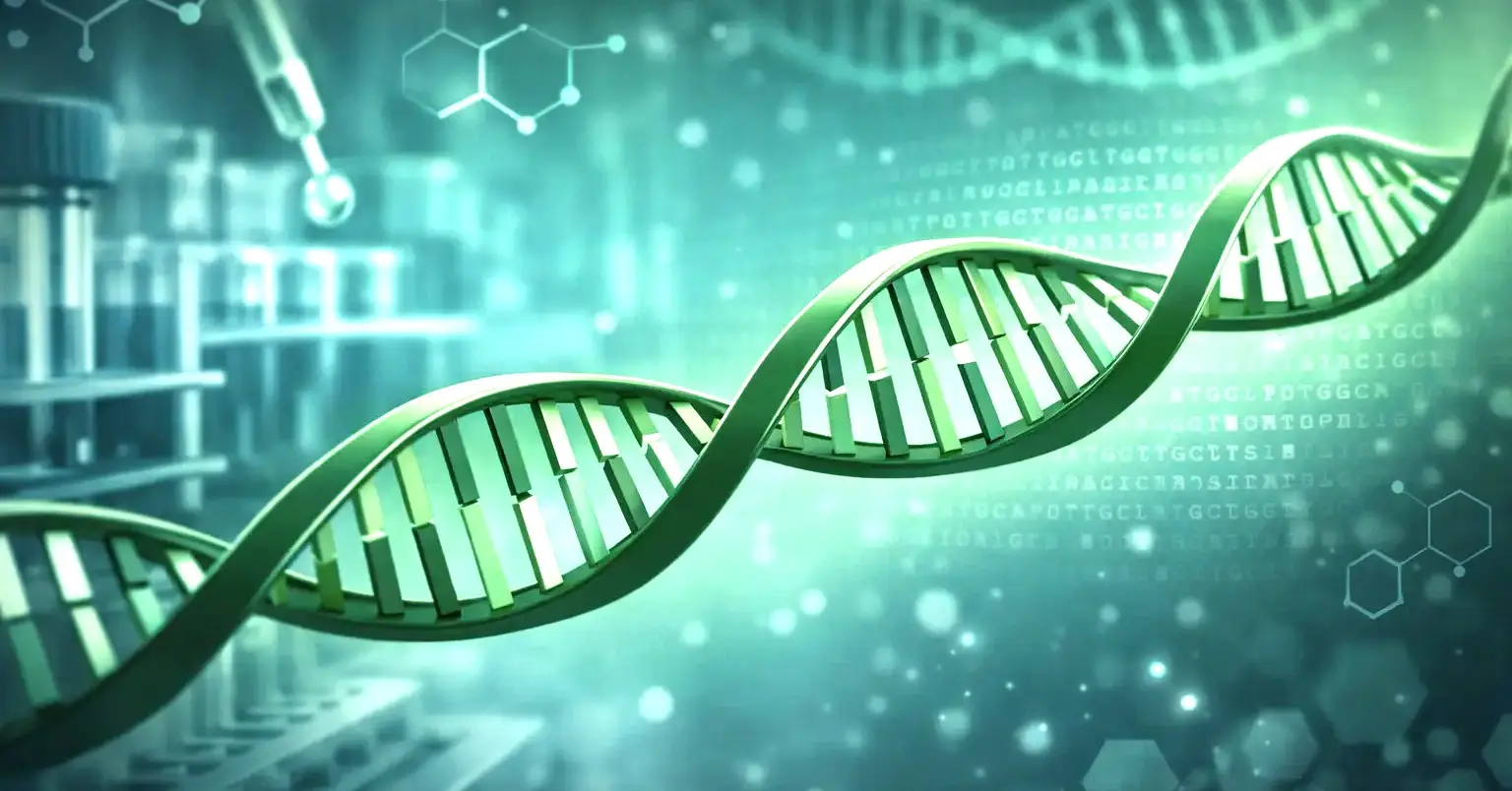 Long DNA synthesis visualization showing double helix structure and laboratory workflow