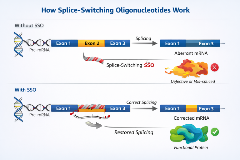 Splice-switching oligonucleotide (SSO) mechanism showing steric block of spliceosome recognition on pre-mRNA leading to exon skipping or exon inclusion
