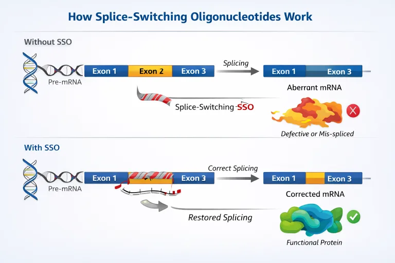 Splice-switching oligonucleotide (SSO) mechanism showing steric block of spliceosome recognition on pre-mRNA leading to exon skipping or exon inclusion