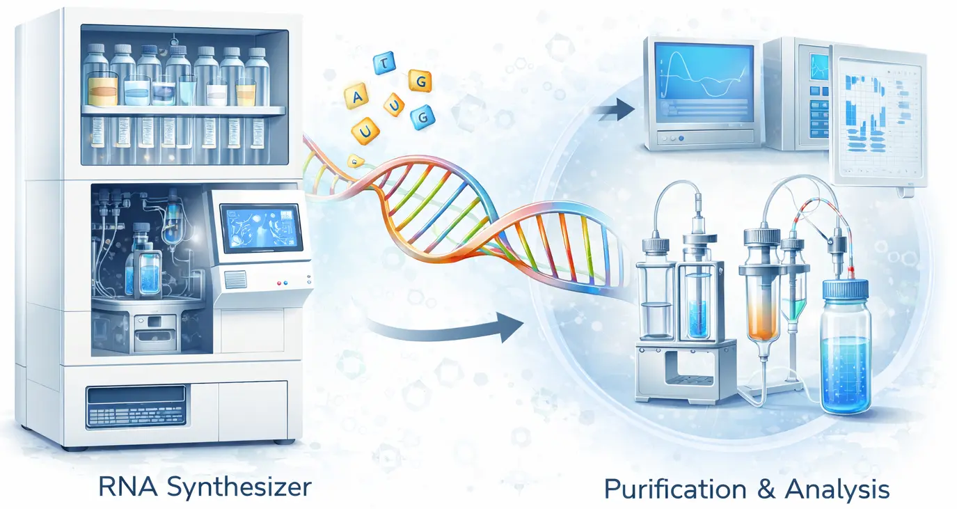 Long RNA synthesis workflow showing RNA synthesizer followed by purification and PAGE analysis