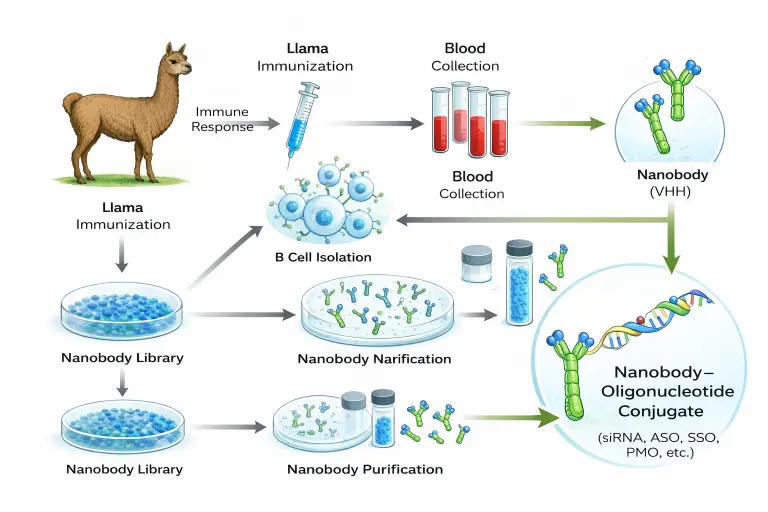 Workflow showing llama immunization, nanobody generation, purification, and final nanobody–oligonucleotide conjugate product