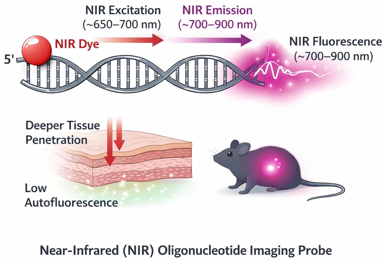 Near-infrared oligonucleotide imaging probe showing DNA probe labeled with NIR fluorescent dye for molecular imaging