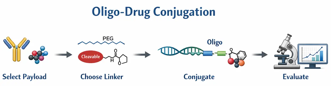 Oligo-drug conjugation workflow showing payload selection, linker design, conjugation, and evaluation