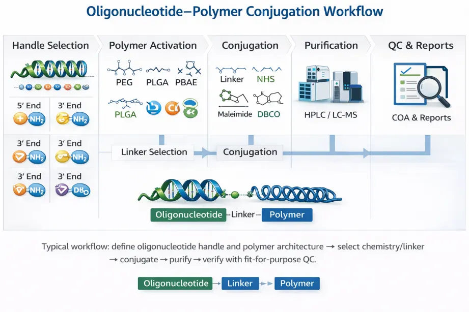Oligonucleotide–polymer conjugation workflow showing handle selection, polymer activation, conjugation, purification, and QC