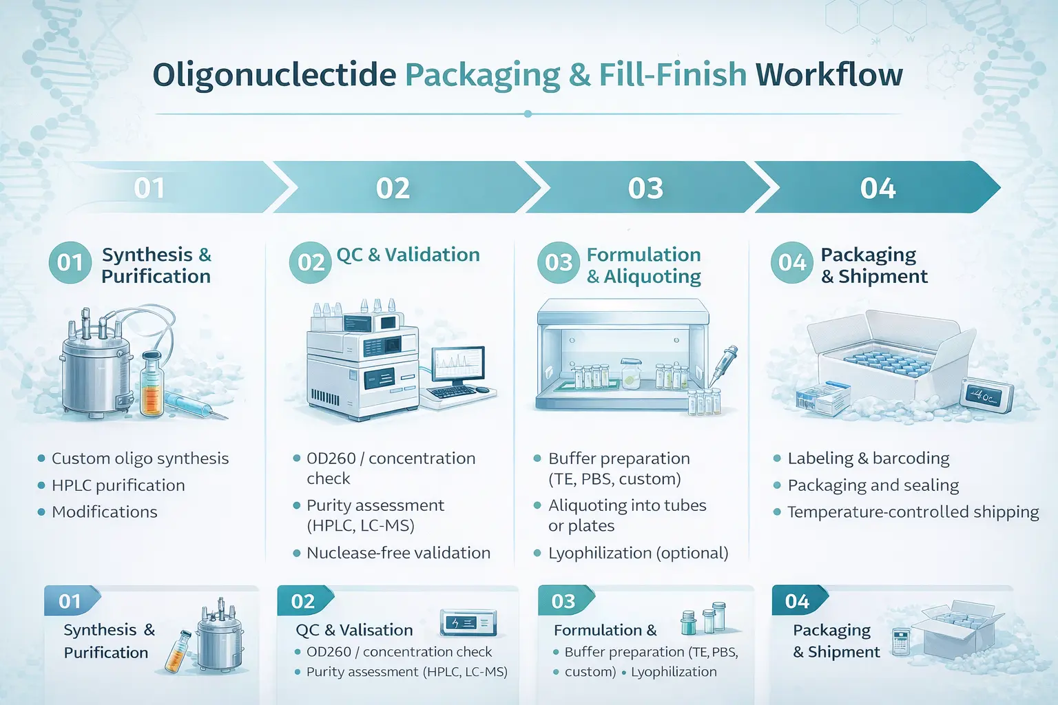 Oligonucleotide packaging and fill-finish workflow including QC, formulation, aliquoting, plate formatting, and shipment