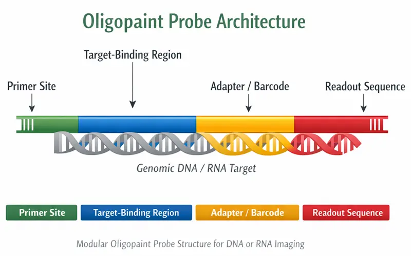 Oligopaint probe architecture showing target binding region, primer sites, readout sequence and barcode for DNA FISH and RNA imaging