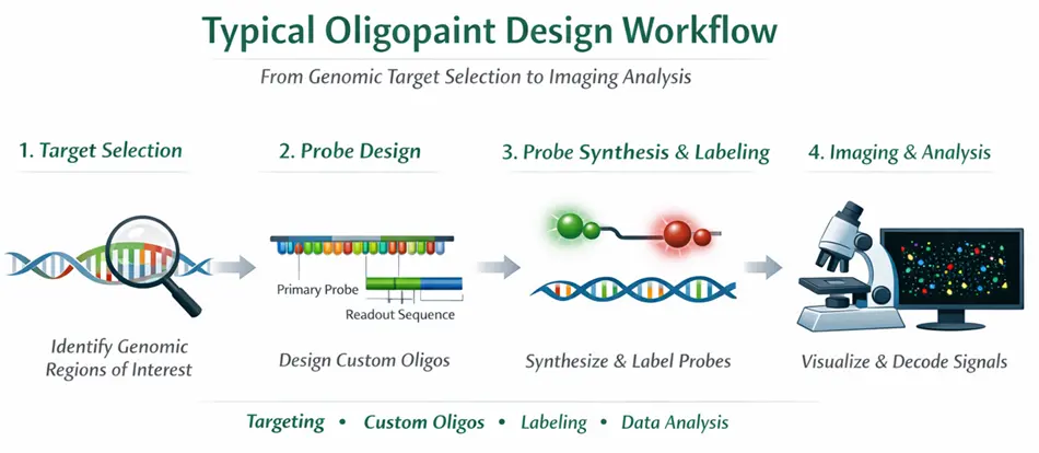 Typical Oligopaint design workflow showing target selection, probe design, probe synthesis and labeling, and imaging analysis