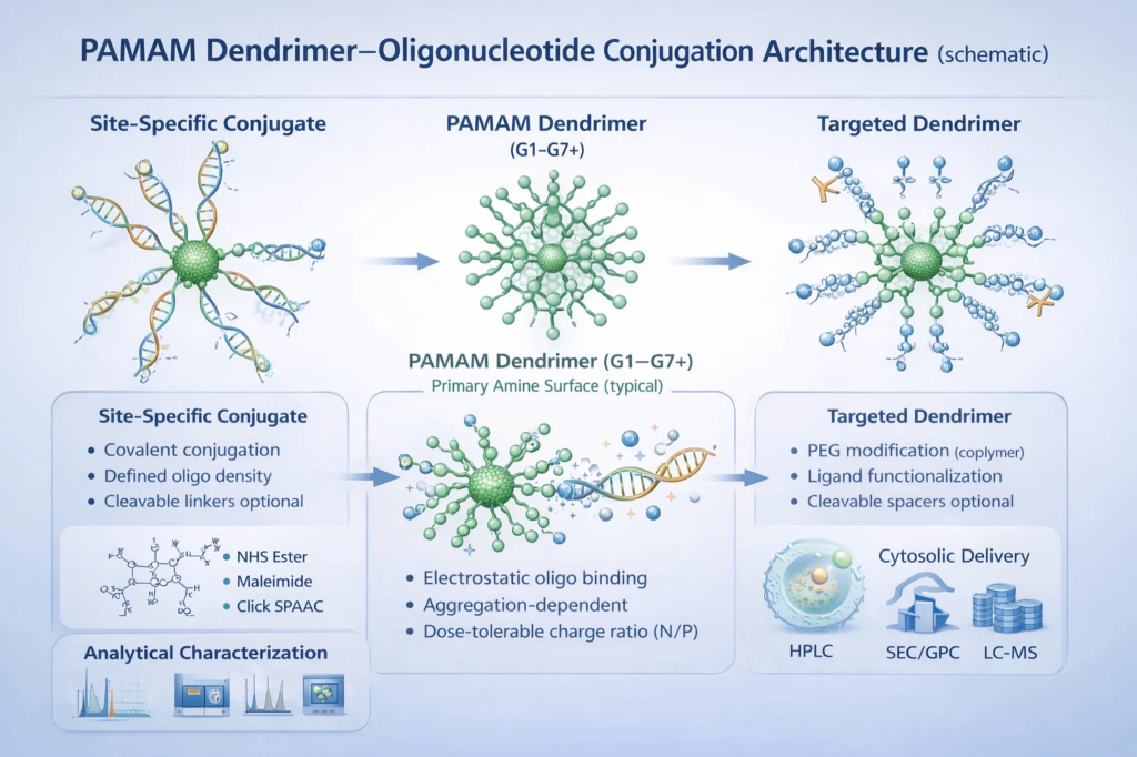 PAMAM dendrimer–oligonucleotide conjugation architecture showing site-specific covalent conjugates, dendriplex formats, generation selection (G1–G7+), shielding options, and analytical characterization