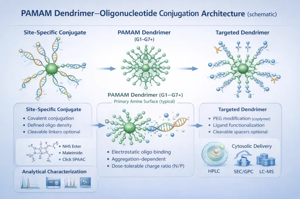 PAMAM dendrimer–oligonucleotide conjugation architecture showing site-specific covalent conjugates, dendriplex formats, generation selection (G1–G7+), shielding options, and analytical characterization