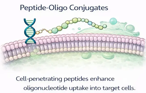 Peptide-oligo conjugates for cellular uptake and delivery