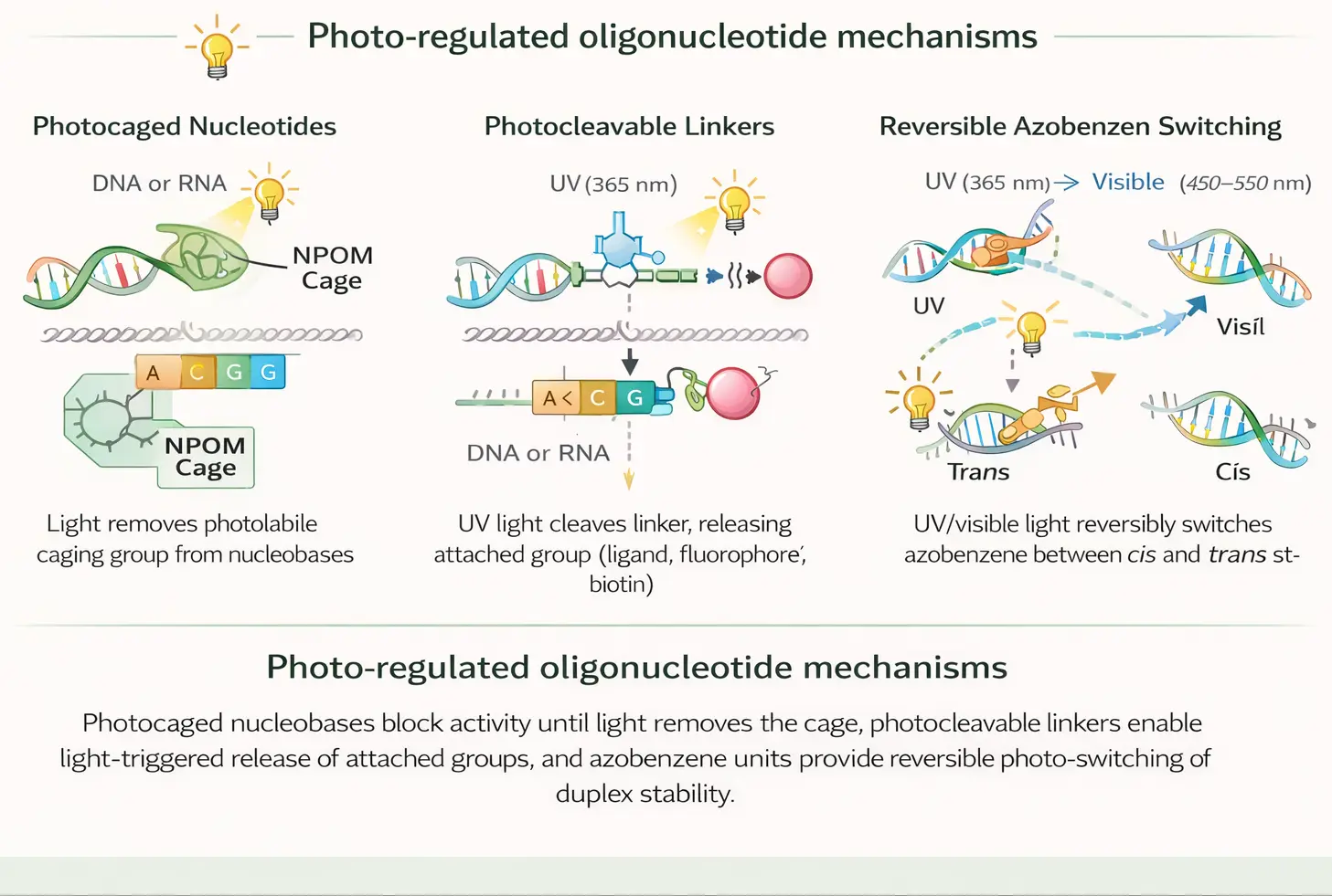 Photo-regulated oligonucleotide mechanism showing photocaged nucleotides, photocleavable linkers, and azobenzene switching in DNA or RNA