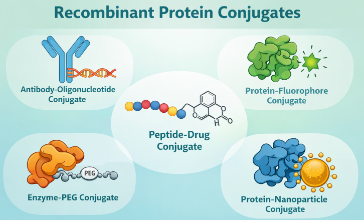 Representative recombinant protein–oligonucleotide conjugate architecture showing a recombinant protein scaffold connected by a linker to a functional oligonucleotide cargo.