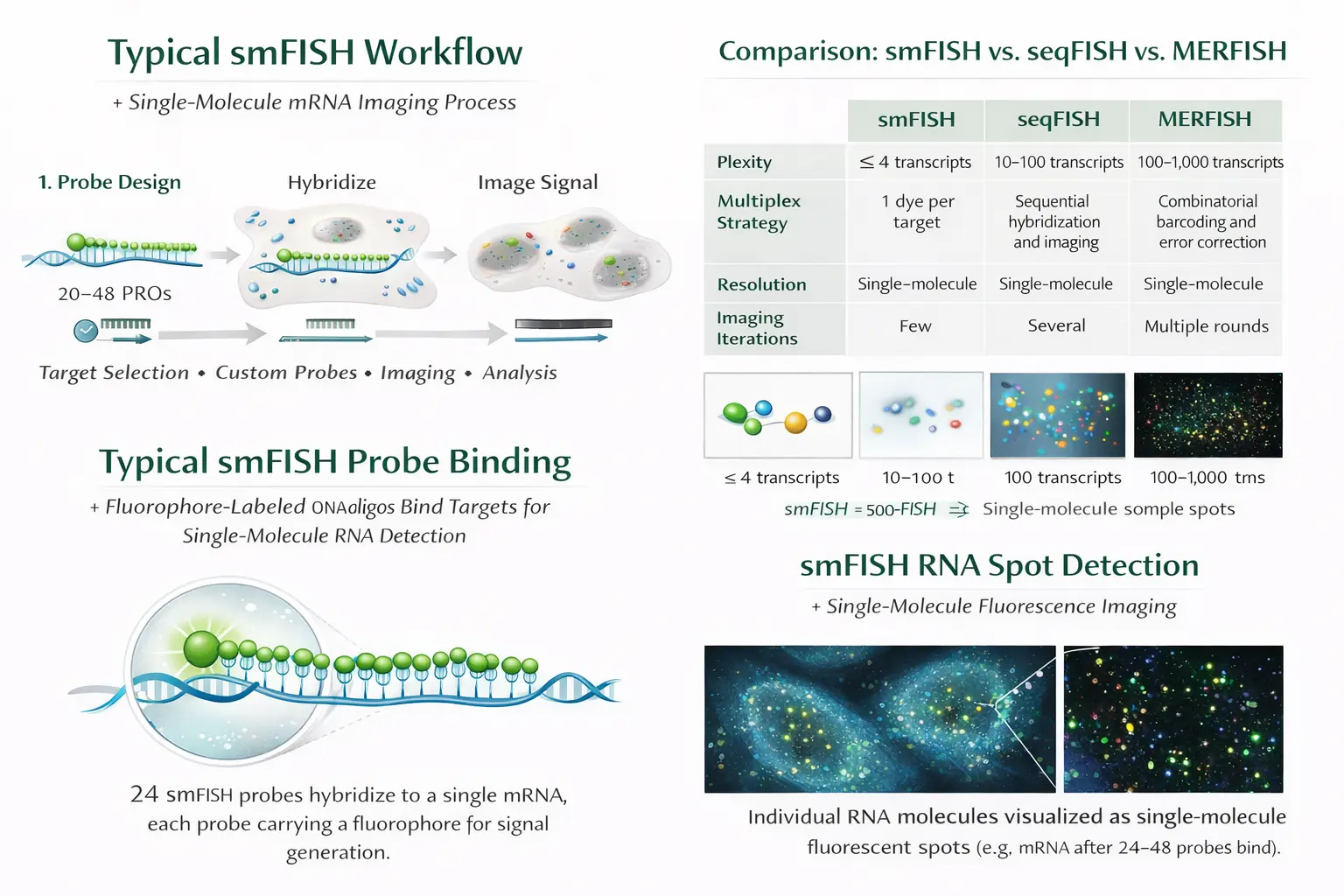 Representative smFISH probe architecture showing multiple fluorescent oligonucleotides tiled along a target RNA transcript