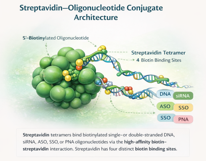 Streptavidin–oligonucleotide conjugate architecture showing biotinylated oligonucleotides binding to streptavidin tetramer