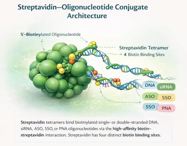 Streptavidin–oligonucleotide conjugate architecture showing biotinylated oligonucleotides binding to streptavidin tetramer