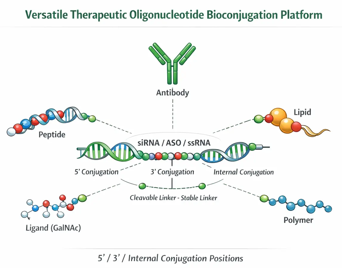 GalNAc uptake, antibody-oligonucleotide conjugate, and linker release illustrations for therapeutic oligo bioconjugation