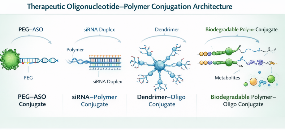 Therapeutic Oligonucleotide–Polymer Conjugation Architecture showing PEGylated ASO constructs, siRNA–polymer conjugates, dendrimer multivalent display, and biodegradable polymer-linked oligonucleotides