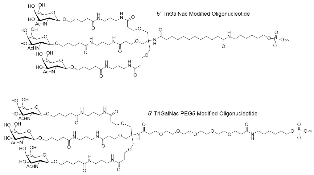 Tri-GalNAc oligonucleotide conjugate structure showing three N-acetylgalactosamine ligands attached through linker architecture to the oligonucleotide 3′ terminus