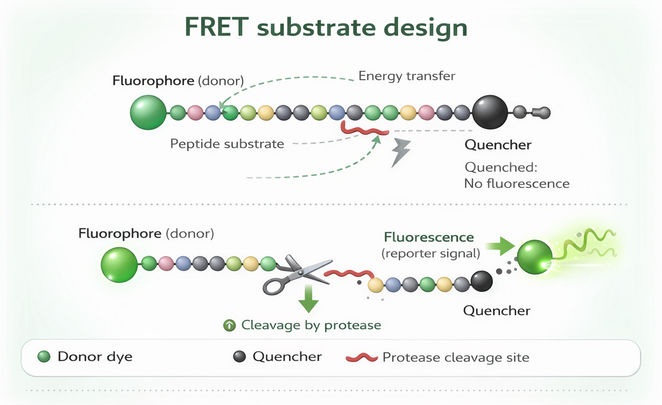 FRET substrate design showing donor–quencher peptide before and after protease cleavage