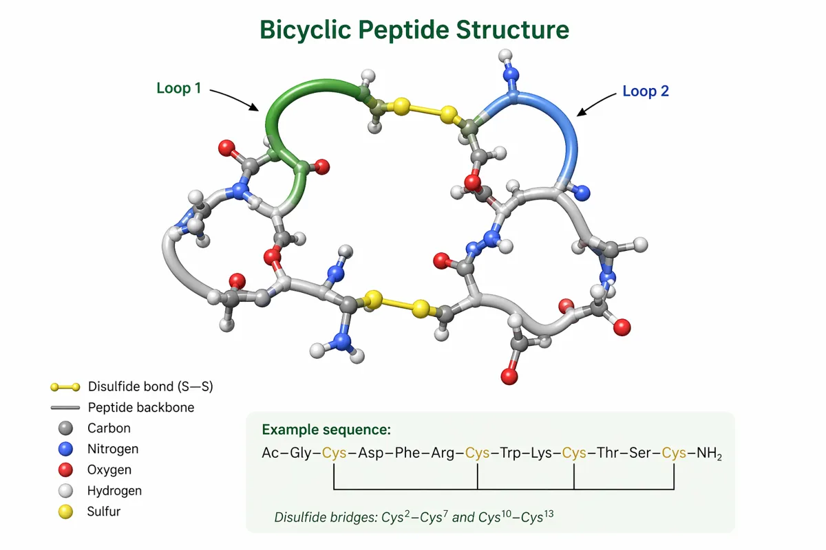 Bicyclic peptide structure showing two interconnected loops