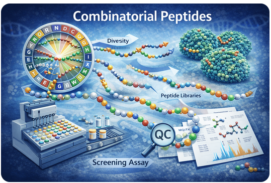 Combinatorial peptide library synthesis concept showing split-and-mix diversity generation, peptide libraries, QC, and screening workflow