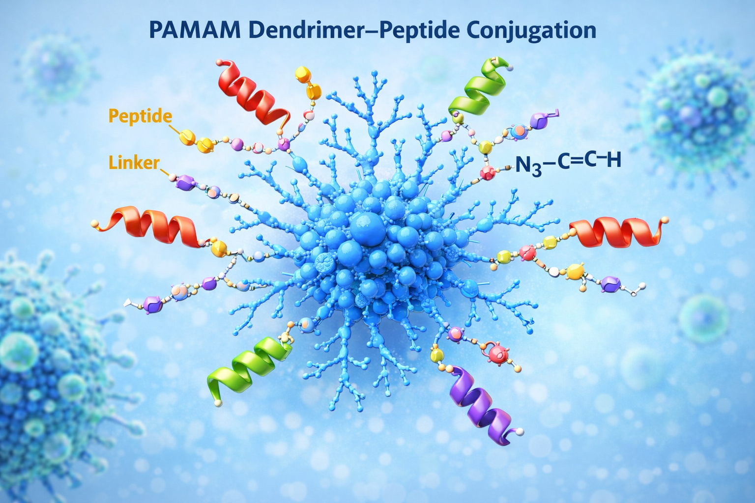 Schematic illustration of PAMAM dendrimer–peptide conjugation showing multivalent peptide attachment via linker chemistries on a PAMAM dendrimer scaffold.