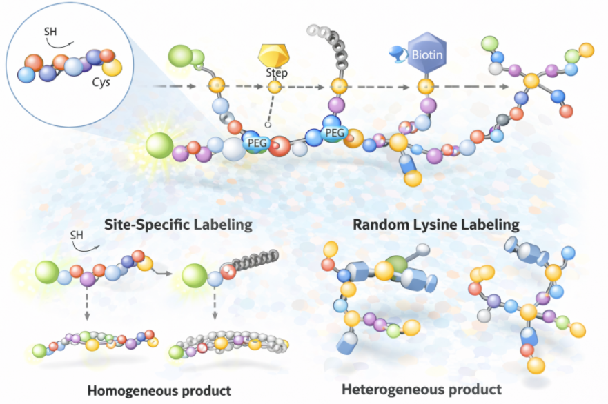 Cysteine-selective peptide design for architecture-controlled conjugation: single-site labeling, dual or orthogonal cysteine design, and modular assembly.