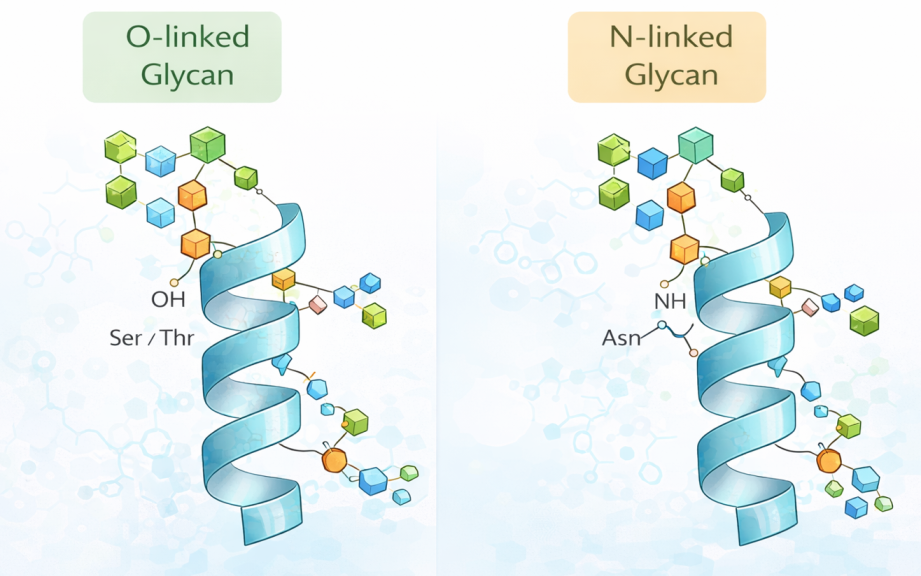 Example glycopeptide structures illustrating O-linked and N-linked glycosylation