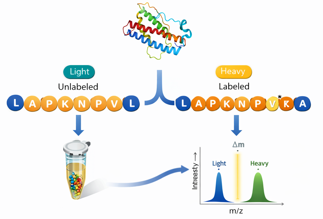 Color schematic of SIL peptide standard workflow showing matched light/heavy peptides and LC-MS/MS quantitation