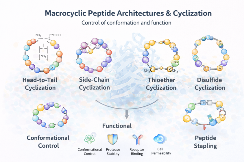 Macrocyclic peptide synthesis: head-to-tail and side-chain cyclization strategies for defined peptide macrocycles.