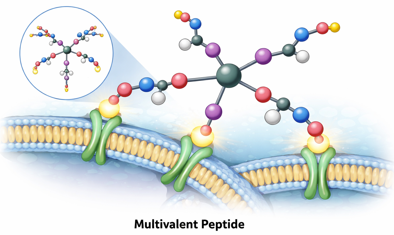 Multivalent peptide synthesis strategies including MAP or lysine-branched peptides, dendrimeric cores, and click-assembled modular multivalent constructs.