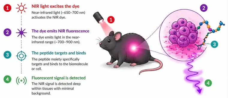 How NIR peptide conjugates work showing excitation, emission, targeting, and fluorescence detection