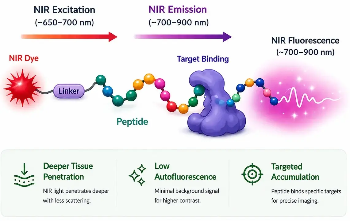 Near-infrared peptide conjugate overview showing excitation, targeting, and emission