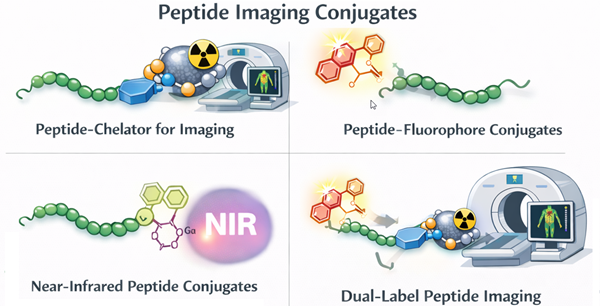 peptide_imaging_conjugates_overview with fluorescent Peptide, Chelator Labeled Peptide, Peptide infrared Labeling